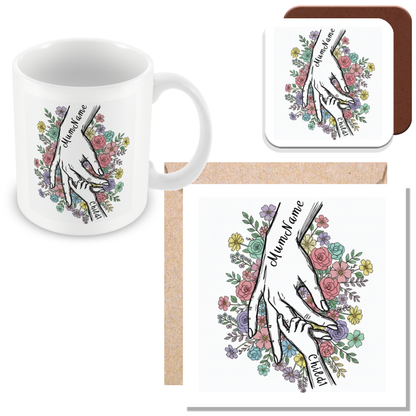 Personalised Mum & Children Holding Hands Mug – Custom Names Mother Child Hand Line Drawing Floral Mug