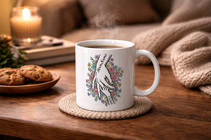 Personalised Mum & Children Holding Hands Mug – Custom Names Mother Child Hand Line Drawing Floral Mug