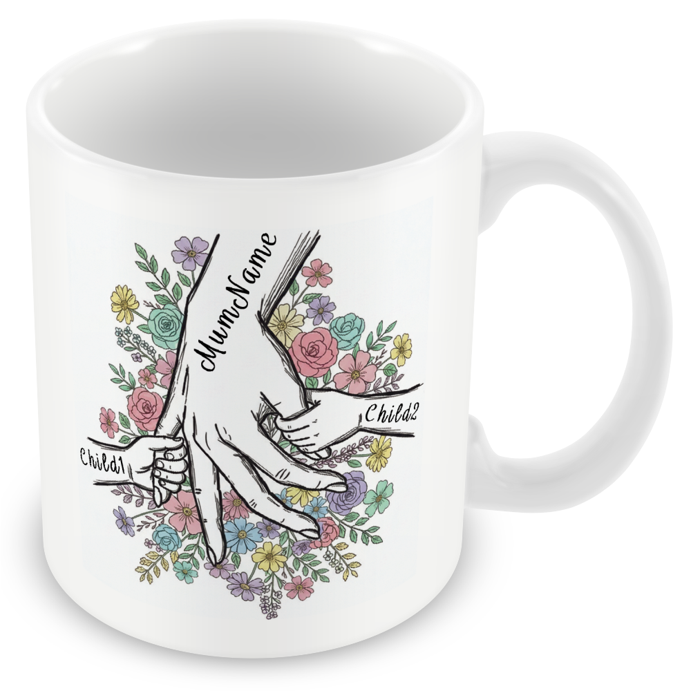 Personalised Mum & Children Holding Hands Mug – Custom Names Mother Child Hand Line Drawing Floral Mug
