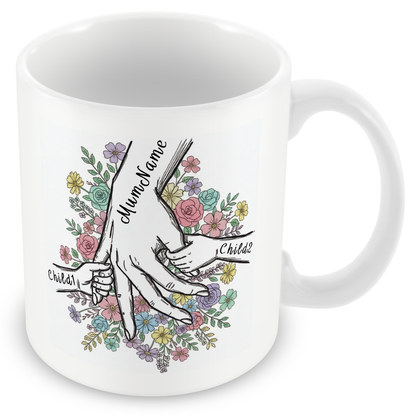 Personalised Mum & Children Holding Hands Mug – Custom Names Mother Child Hand Line Drawing Floral Mug
