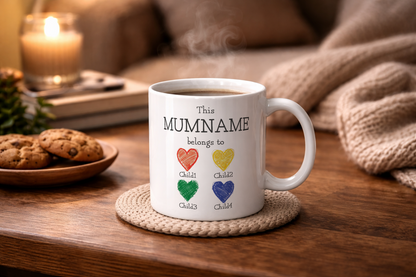 Personalised “This Mum Belongs to” Mug – Custom Children Names Heart Mug for Mum
