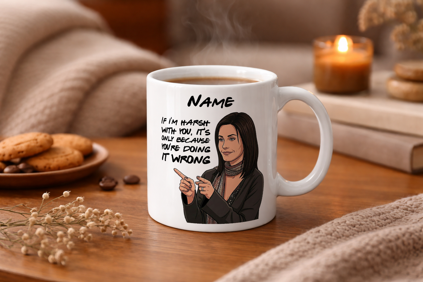 Monica Quote Mug - Optional Black or Purple Handle, Coaster and Card