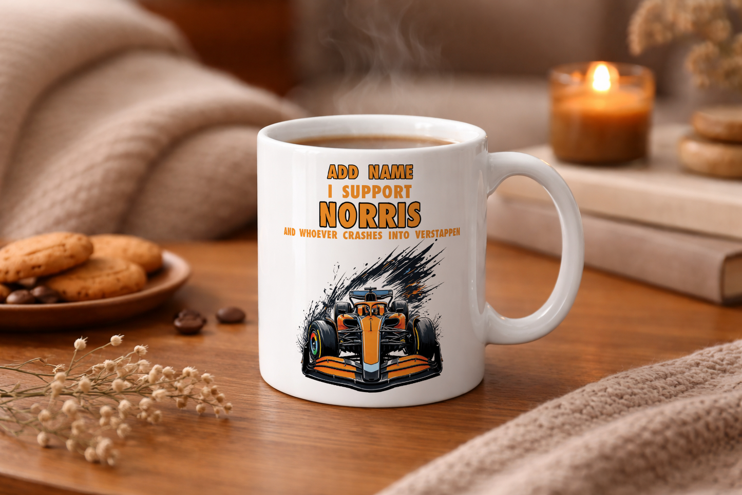 Lando Norris Relationship Status and Supporter Mugs - Optional Name, Handle Colour, Coaster and Card