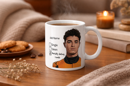 Lando Norris Relationship Status and Supporter Mugs - Optional Name, Handle Colour, Coaster and Card