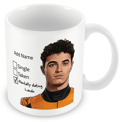 Lando Norris Relationship Status and Supporter Mugs - Optional Name, Handle Colour, Coaster and Card