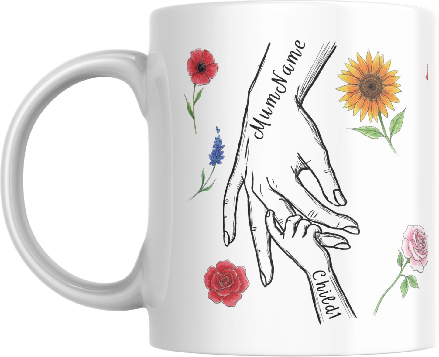 Personalised Mum & Children Holding Hands Mug – Custom Names Mother Child Hand Line Drawing Floral Mug Full Wrap