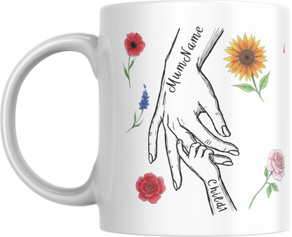Personalised Mum & Children Holding Hands Mug – Custom Names Mother Child Hand Line Drawing Floral Mug Full Wrap