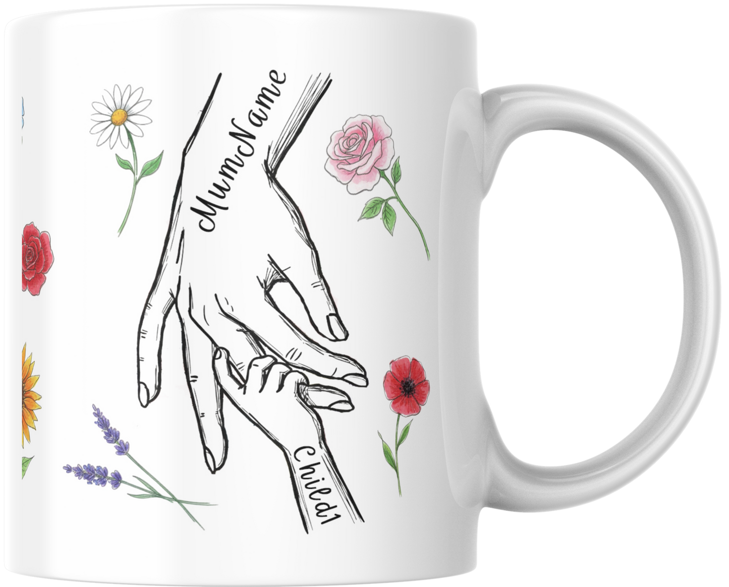 Personalised Mum & Children Holding Hands Mug – Custom Names Mother Child Hand Line Drawing Floral Mug Full Wrap