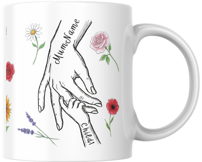 Personalised Mum & Children Holding Hands Mug – Custom Names Mother Child Hand Line Drawing Floral Mug Full Wrap