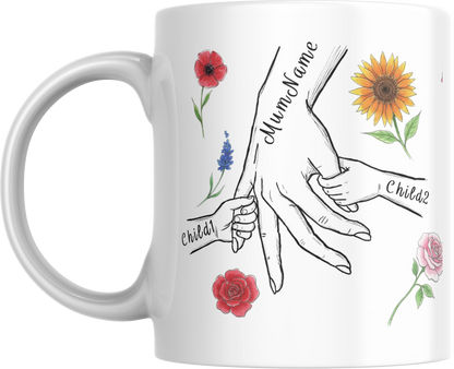 Personalised Mum & Children Holding Hands Mug – Custom Names Mother Child Hand Line Drawing Floral Mug Full Wrap