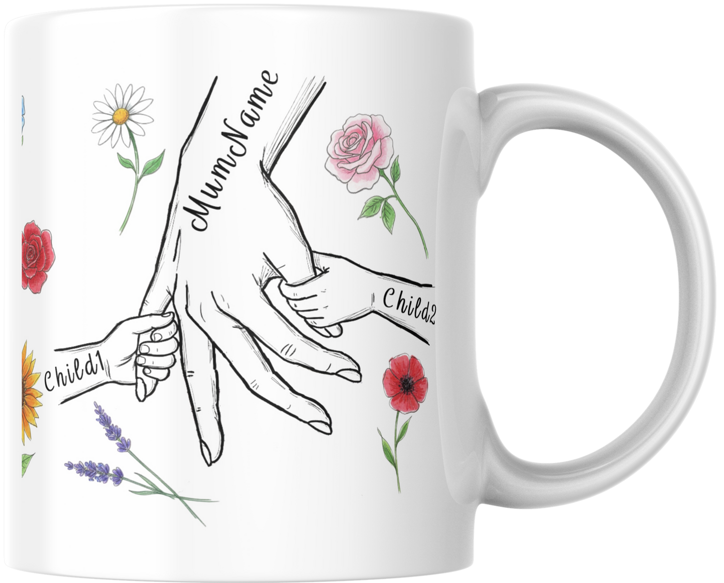Personalised Mum & Children Holding Hands Mug – Custom Names Mother Child Hand Line Drawing Floral Mug Full Wrap
