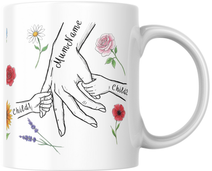 Personalised Mum & Children Holding Hands Mug – Custom Names Mother Child Hand Line Drawing Floral Mug Full Wrap