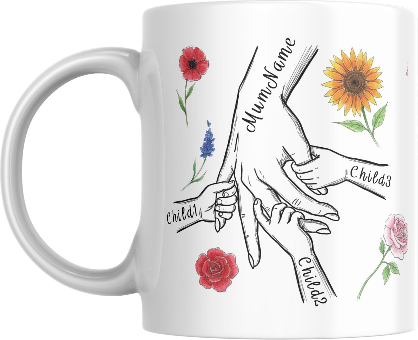 Personalised Mum & Children Holding Hands Mug – Custom Names Mother Child Hand Line Drawing Floral Mug Full Wrap