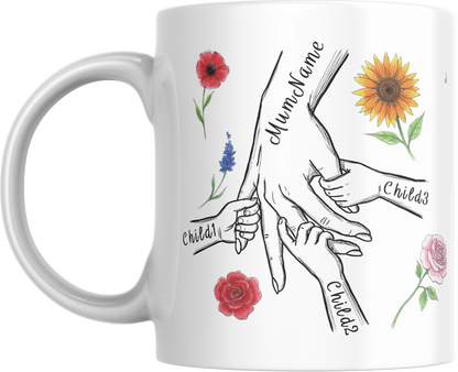 Personalised Mum & Children Holding Hands Mug – Custom Names Mother Child Hand Line Drawing Floral Mug Full Wrap