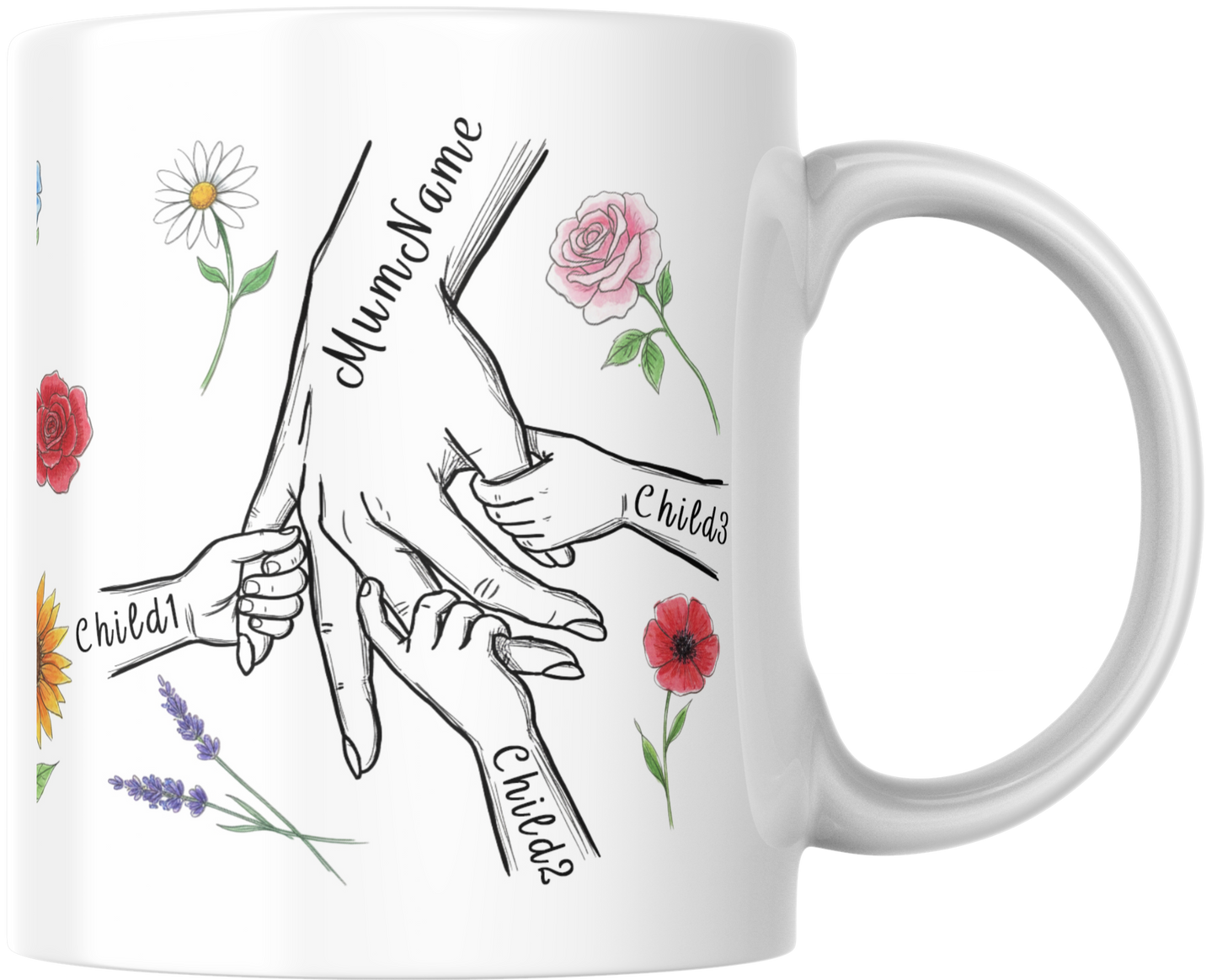Personalised Mum & Children Holding Hands Mug – Custom Names Mother Child Hand Line Drawing Floral Mug Full Wrap
