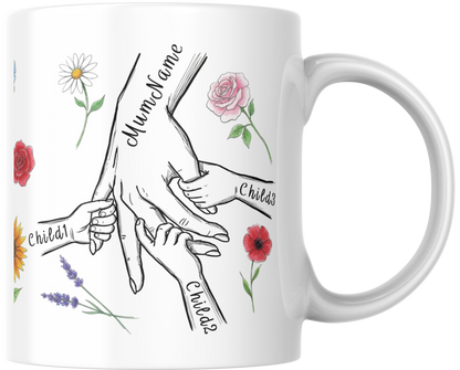 Personalised Mum & Children Holding Hands Mug – Custom Names Mother Child Hand Line Drawing Floral Mug Full Wrap